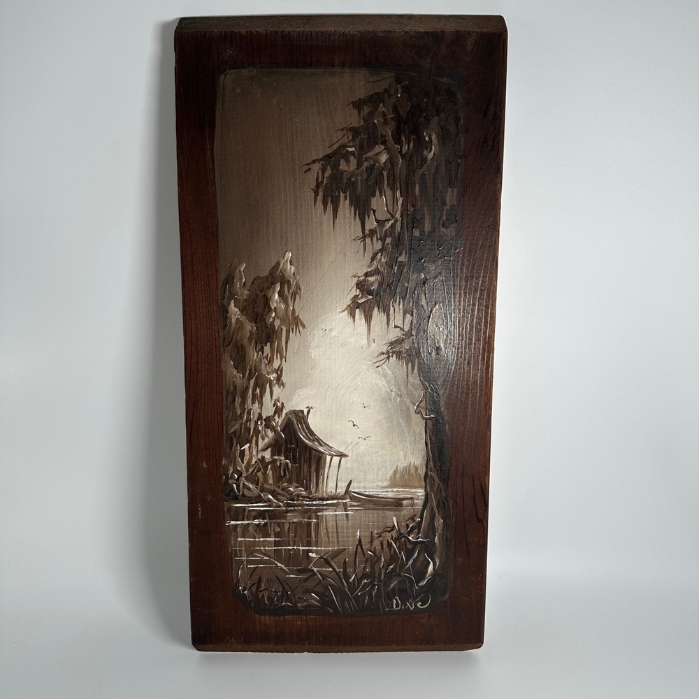 Southern Bayou Original Painting Brown White Sepia Wood Block Folk Art Signed